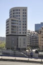 Scene with Residential building on the bank of Nervion river from Bilbao city in Basque Country of Spain