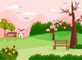 Scene with rural landscape. Blooming spring trees, house and mill, hills and mountains. Vector drawing.