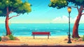 Scene of a seaside cartoon nature panorama with lantern, bench, and sea water on a sunny day. Beautiful scandinavian
