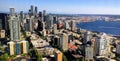 Scene from Seattle Washington from the Space Needle overlooking the city and the Olympic Mountains