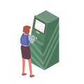 Scene of self service and automatic payment. Woman using info kiosk or information terminal. Flat vector cartoon