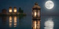 Traditional Islamic lanterns stand by the water against a backdrop of a night city and a starry sky with moon. Signifies the