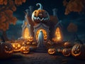 Charming Halloween Features Cute and Scary Ghost and Jack-O-Latern Pumpkin Standing in Front of A House at Night