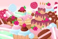 Scene set from confectionery cake, donut, muffin, lollipop, macaron. Horizontal banner of sweets in cartoon style.