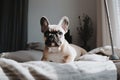 A cute French Bulldog puppy sitting on a bed, its big eyes and adorable face, generative ai Royalty Free Stock Photo