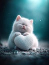 The scene is set at night with a cute kitten holding a heart, a digital art representation of affection for pets Royalty Free Stock Photo