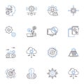 Scene setting line icons collection. Atmosphere, Landscape, Environment, Ambiance, Surroundings, Locale, Scenery vector