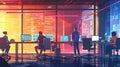 A scene showcasing a team of software developers coding, collaborating, and testing applications in a modern development Royalty Free Stock Photo
