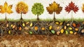 An scene showing the various stages of the nutrient cycle from autumn leaves to the biofuel crop. Leaves fall from the