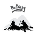 Scene with Silhouette of rafting team on water and hand lettering.