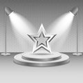 Scene with spotlights. Two lamp illuminate the metal star on the podium steps. Vector. Royalty Free Stock Photo