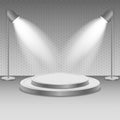 Scene with spotlights. Two lamp illuminate the podium steps. Metal. Vector. Royalty Free Stock Photo