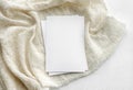 The scene of the stationery layout in a light key. An empty vertical greeting card and dry grass on a white linen background. Fash