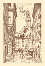 Scene Streets in European town Florence in Italy . engraved hand drawn in old sketch and vintage style. historical