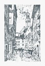 Scene Streets in European town Florence in Italy . engraved hand drawn in old sketch and vintage style. historical