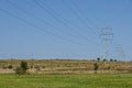 Scene with summer meadow, mix tree and electric power transmission line near by Sredna Gora mountain Royalty Free Stock Photo