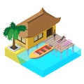 Scene of summer rest in isometric view with sea bungalow, motorboat, sunbeds, palm tree, pier and people