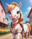 In this scene, a super adorable little horse, with big eyes wide open and a smiling face, is looking at you.