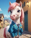 In this scene, a super adorable little horse, with big eyes wide open and a smiling face, is looking at you.