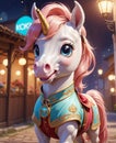 In this scene, a super adorable little horse, with big eyes wide open and a smiling face, is looking at you.