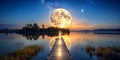A scene of a supermoon rising over a tranquil lake casting a pathway of light Generative AI Royalty Free Stock Photo