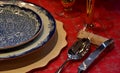 Scene of the tableware on the red table Royalty Free Stock Photo