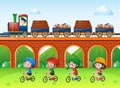 Scene with trains on bridge and kids riding bike in the park