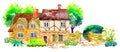 Scene with two countryhouses, fence, trees, bushes and plants. Watercolor old stone europe house. Hand drawn illustration Royalty Free Stock Photo