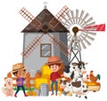 Scene with two farmers and many animals on the farm Royalty Free Stock Photo