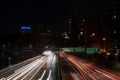 Scene of two-sided highway with beautiful lights at night in Downtown Boston