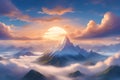 a captivating scene with sunset mountain peaks poking out of the clouds, creating an enchanting landscape Royalty Free Stock Photo