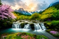 Soft falling waterfall with green lush and mountainous Background Generated by AI Royalty Free Stock Photo