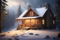 A scene of a warmly lit cabin nestled in a snowy forest