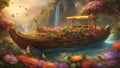 scene with waterfall A fantasy speed boat on a sea of flowers, with waterfalls, butterflies, and fairies.
