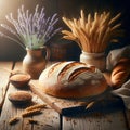 Homemade fresh bread with crispy golden crust arranged on rustic wooden table with several golden ears of wheat and fresh lavender