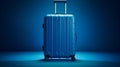 A scene where a vibrant blue piece of luggage stands against a solid blue background. The luggage appears well-lit and sharply