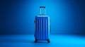 A scene where a vibrant blue piece of luggage stands against a solid blue background. The luggage appears well-lit and sharply