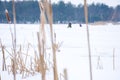 A scene from the winter ice fishing on a wild lake. In the distance are the figures of fishermen on a frozen lake with white snow