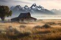 Scene wooden barn pastoral ranch background soft environment fog distant rocky mountains break dawn brilliant peaks wyoming illust