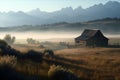 Scene wooden barn pastoral ranch background soft environment fog distant rocky mountains break dawn brilliant peaks wyoming illust