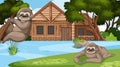 Scene with wooden cottage and cute sloth in the field