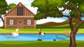 Scene with wooden cottage in the field and ducks in the river Royalty Free Stock Photo