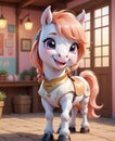 In this scene, a super adorable little horse, with big eyes wide open and a smiling face, is looking at you.