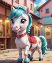 In this scene, a super adorable little horse, with big eyes wide open and a smiling face, is looking at you.