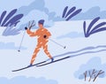 Scene with young person skiing in winter alone. Skier sliding alone in nature in cold and frosty weather. Colored flat