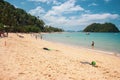 Scenery beach with tourists in Philippines, Palawan. Tropical beach with palm trees, filtered. Exotic nature. Summer vacation.