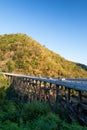 Scenery of the bear mountains bridge at dusk, golden sunset shines on the cars driving across the bridge and mountain range