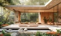 Scenery of brilliant maple foliage in the courtyard garden viewed thru the Shoji window of a traditional Japanese Tatami room on a Royalty Free Stock Photo