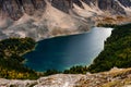 Scenery of Cerulean lake in autumn pine forest on top of mountain at Assiniboine provincial park Royalty Free Stock Photo