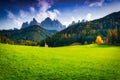 Scenery of Dolomites with the St. John's in Ranui Chapel, Santa Maddalena. Italy Royalty Free Stock Photo